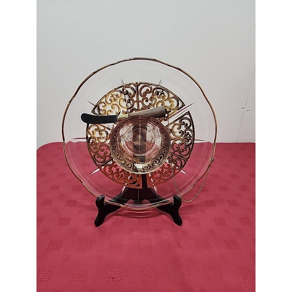 Vintage MCM Georges Briard Spanish Gold Relish Tray W Dip Bowl W Attached Knife